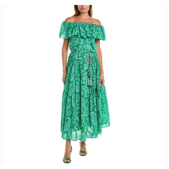 Ro's Garden XS Green Paisley Off Shoulder Fatima Tiered Maxi Dress Tuckernuck - Picture 1 of 15